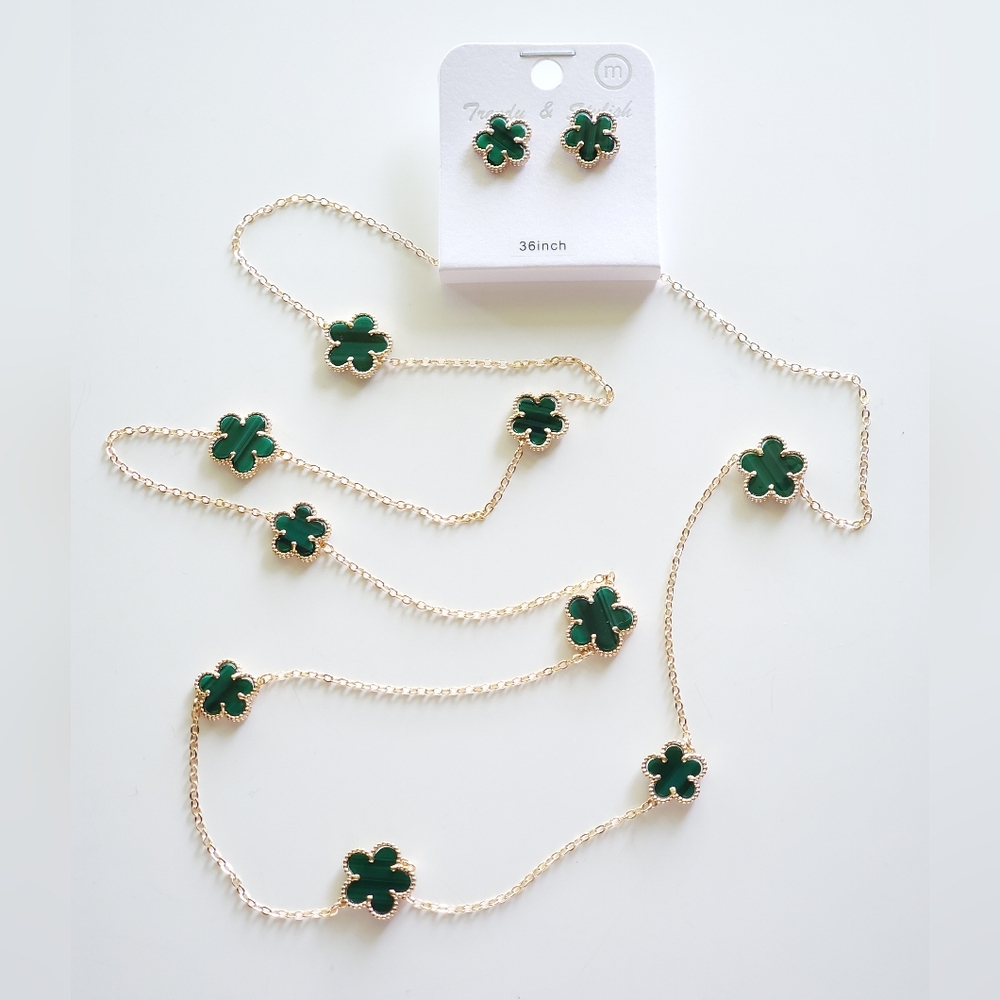 Five Leaf Clover Necklace and Earring Set - Green